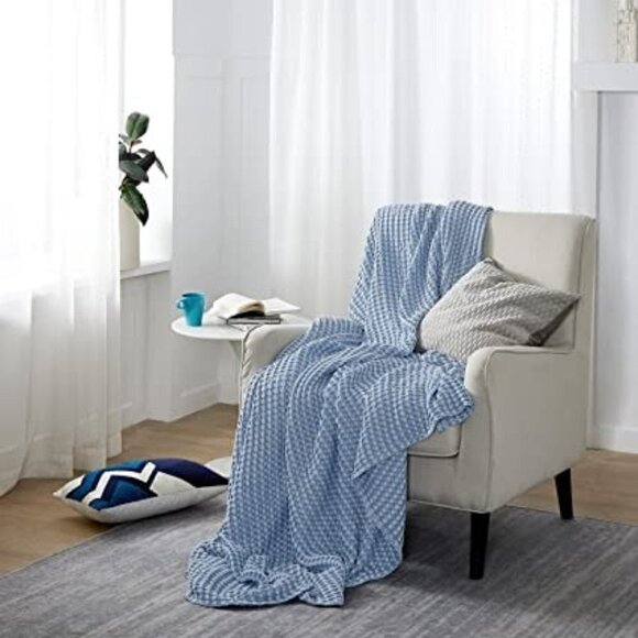 COTTON Waffle Weave Bamboo Blanket Queen Size Blue Soft Lightweight Bed Blanket - Picture 1 of 7